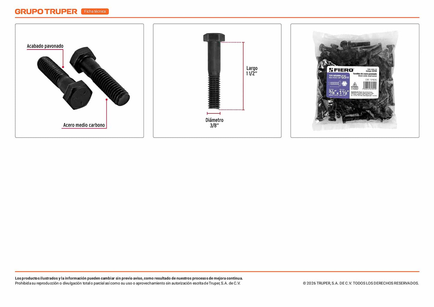 Tornillos grado 5 3/8 x 1-1/2