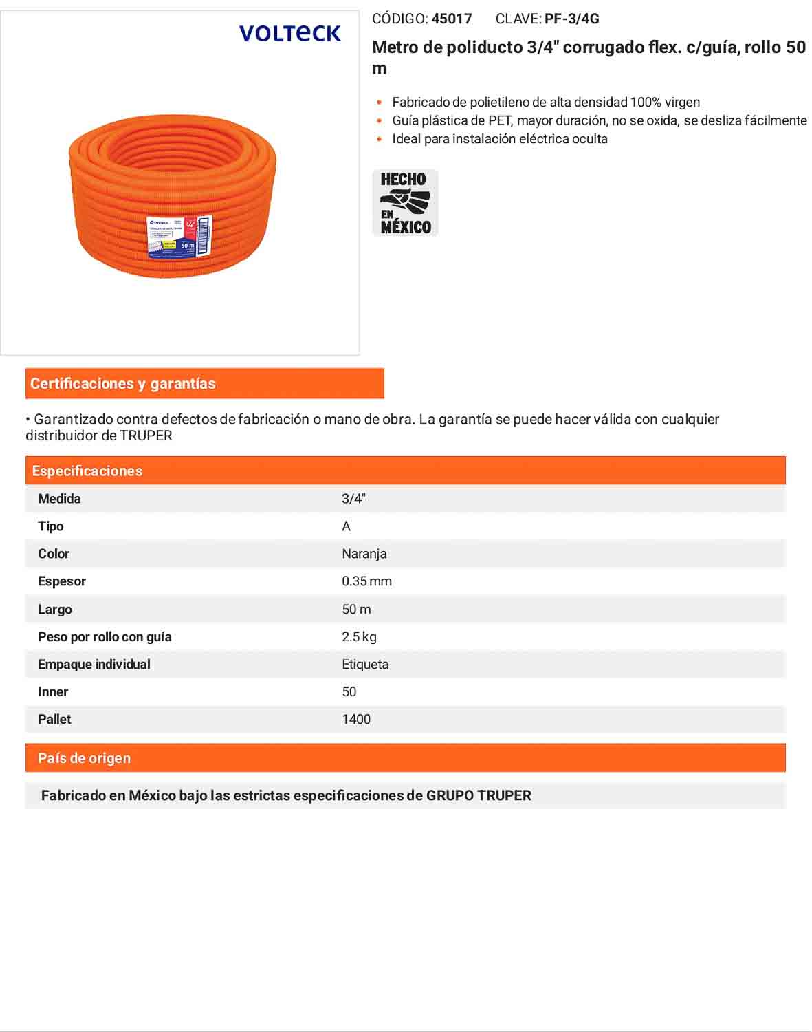 Poliducto 3/4 pulg c/guía rollo 50m
