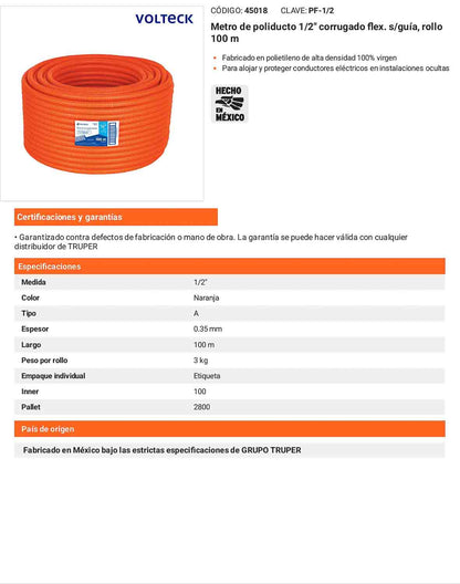 Poliducto 1/2 pulg s/guía rollo 100m