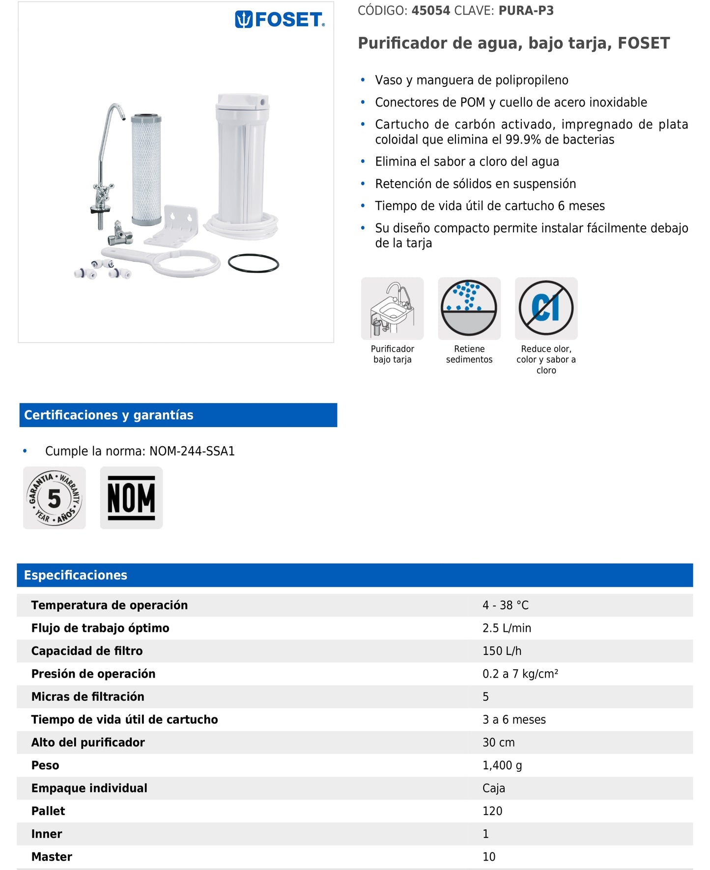 Purificador de agua bajo tarja  PURA-P3
