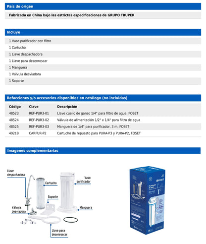 Purificador de agua bajo tarja  PURA-P3