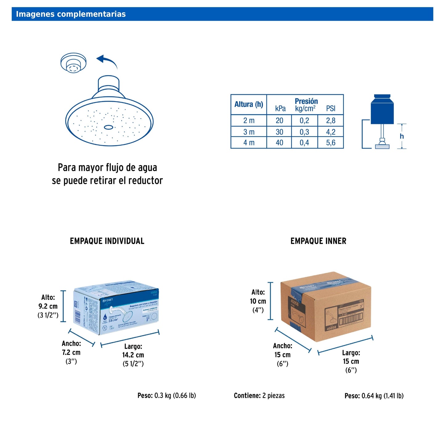 Regadera redonda metálica de 3" con brazo y chapetón cromados