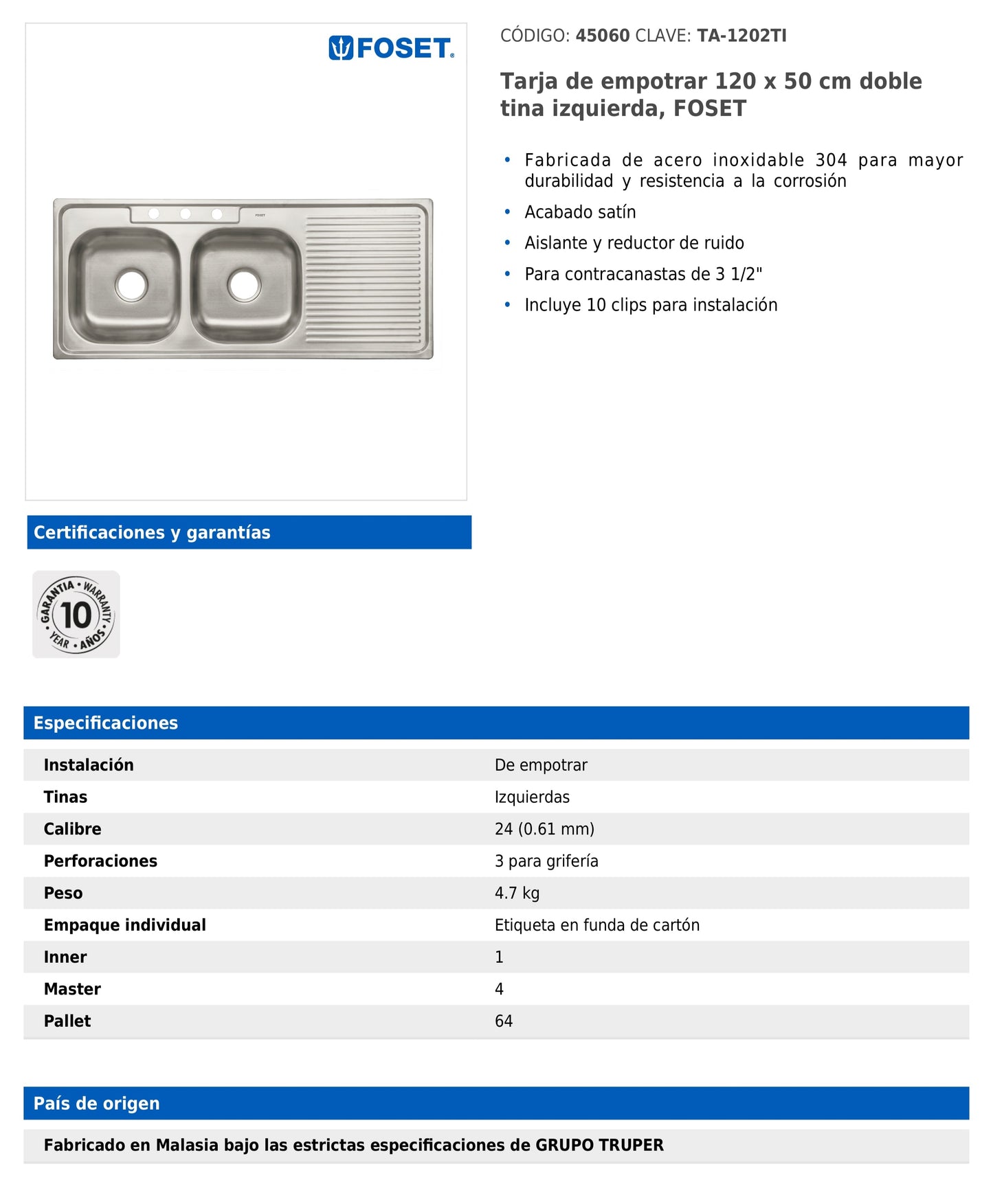 Tarja de empotrar de 120x50 cm con doble tina izquierda y acabado satín