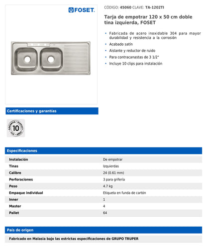 Tarja de empotrar de 120x50 cm con doble tina izquierda y acabado satín