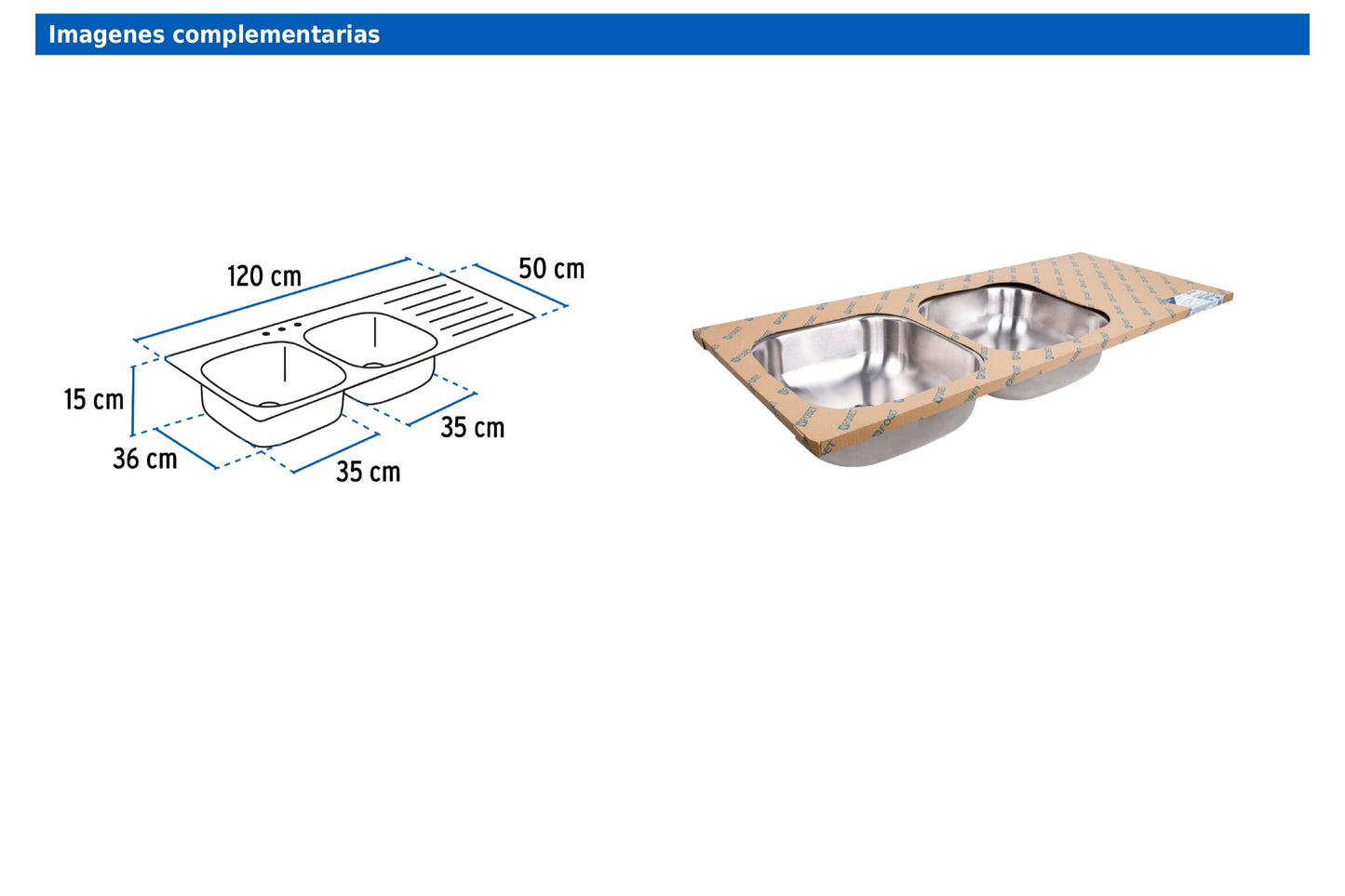 Tarja de empotrar de 120x50 cm con doble tina izquierda y acabado satín
