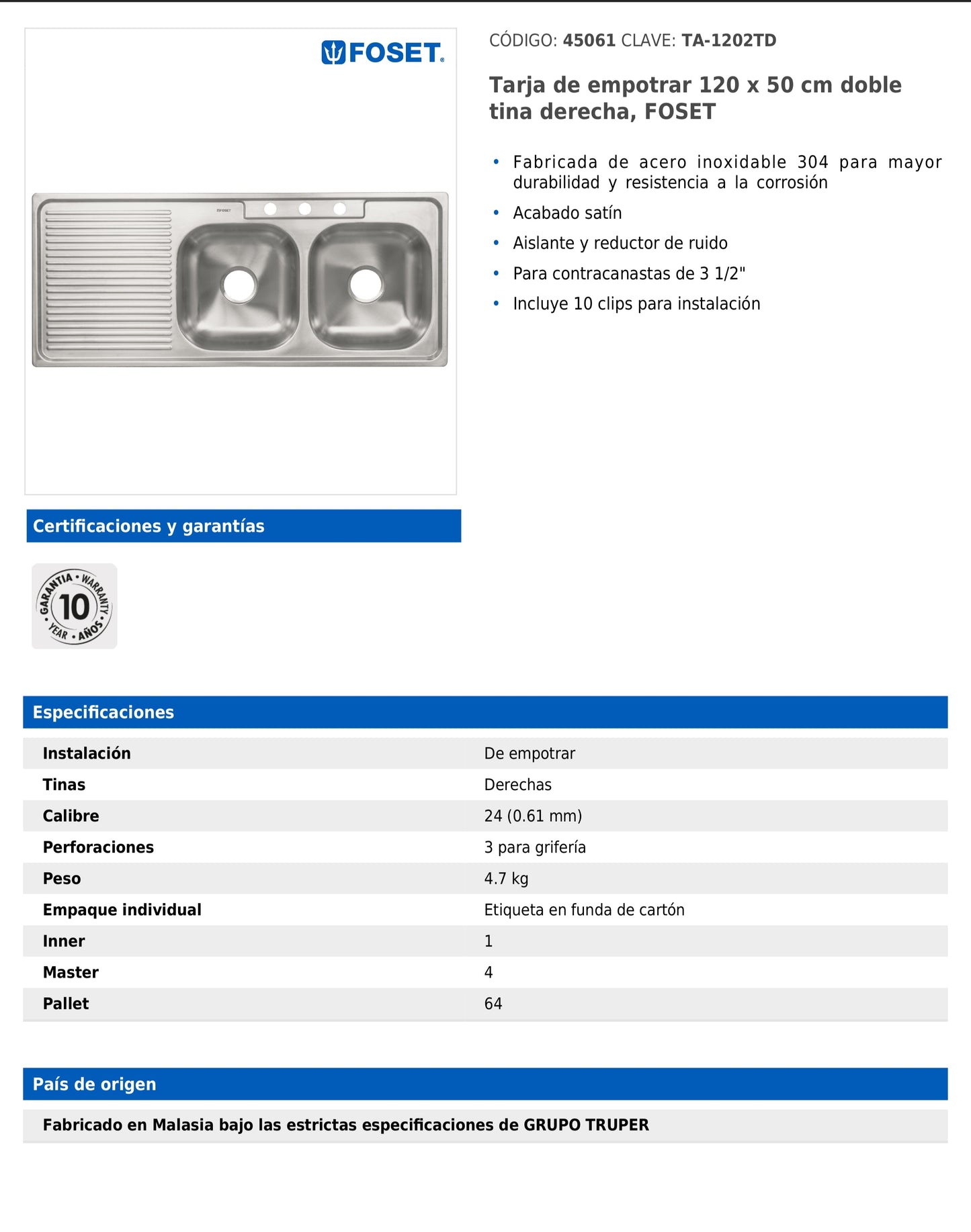Tarja de empotrar de 120x50 cm con doble tina derecha y acabado satín