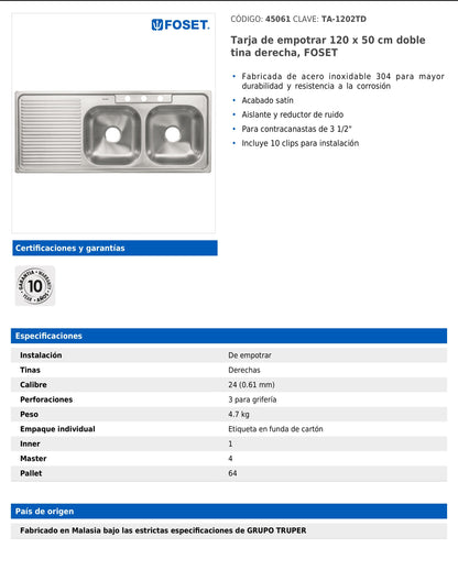 Tarja de empotrar de 120x50 cm con doble tina derecha y acabado satín