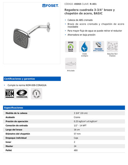 Regadera cuadrada de 3-3/4" con brazo y chapetón de acero