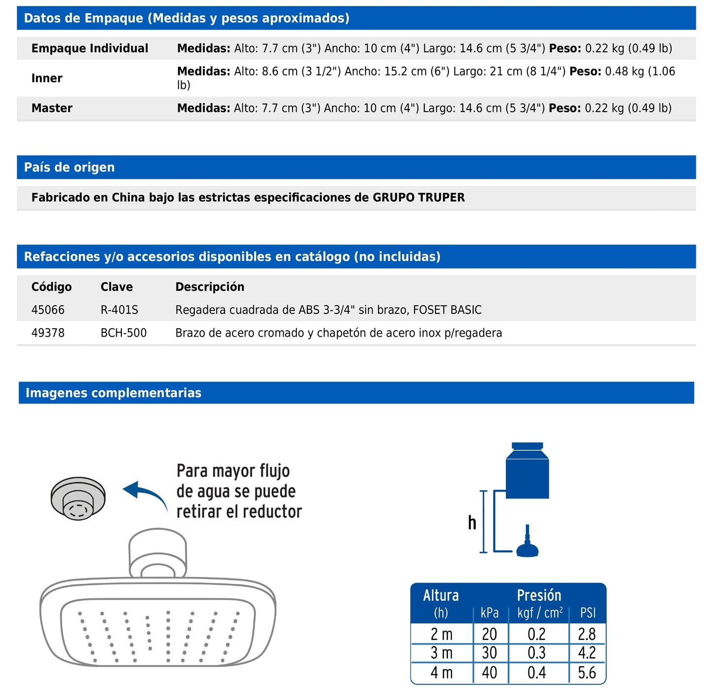 Regadera cuadrada de 3-3/4" con brazo y chapetón de acero
