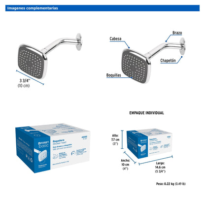 Regadera cuadrada de 3-3/4" con brazo y chapetón de acero