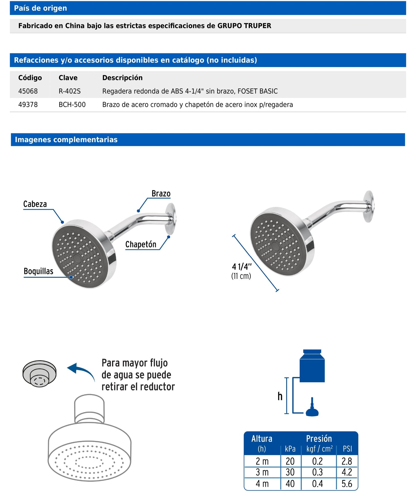 Regadera redonda de 4-1/4" con brazo y chapetón de acero