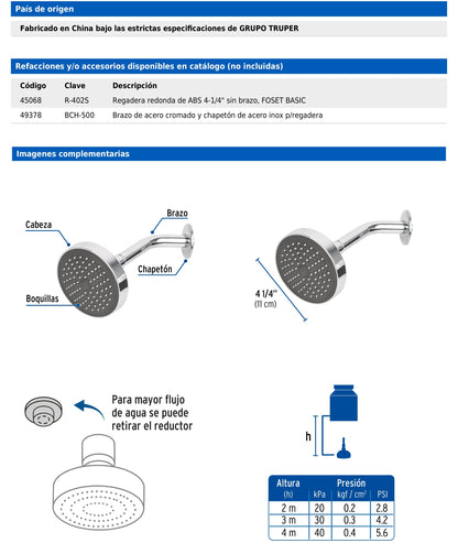 Regadera redonda de 4-1/4" con brazo y chapetón de acero