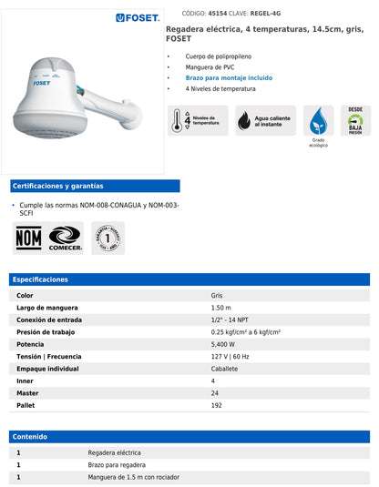 Regadera eléctrica gris de 4 temperaturas con manguera y brazo incluido