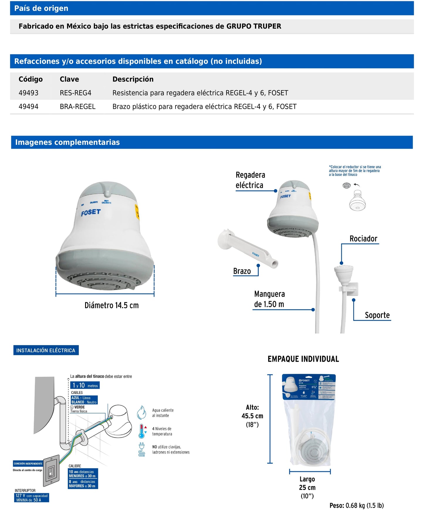 Regadera eléctrica gris de 4 temperaturas con manguera y brazo incluido