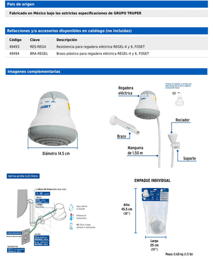 Regadera eléctrica gris de 4 temperaturas con manguera y brazo incluido