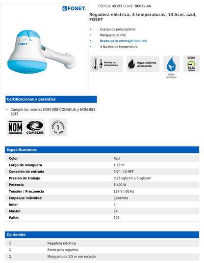Regadera eléctrica azul de 4 temperaturas con manguera y brazo incluido