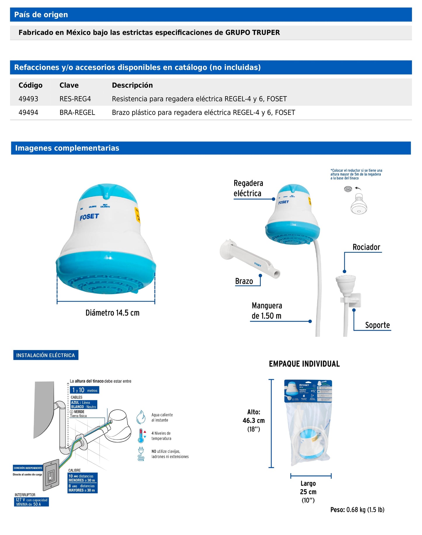 Regadera eléctrica azul de 4 temperaturas con manguera y brazo incluido