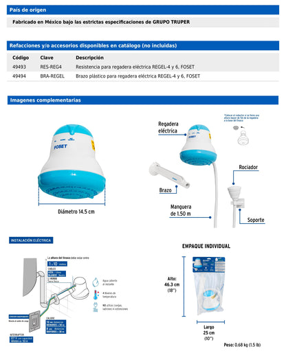 Regadera eléctrica azul de 4 temperaturas con manguera y brazo incluido