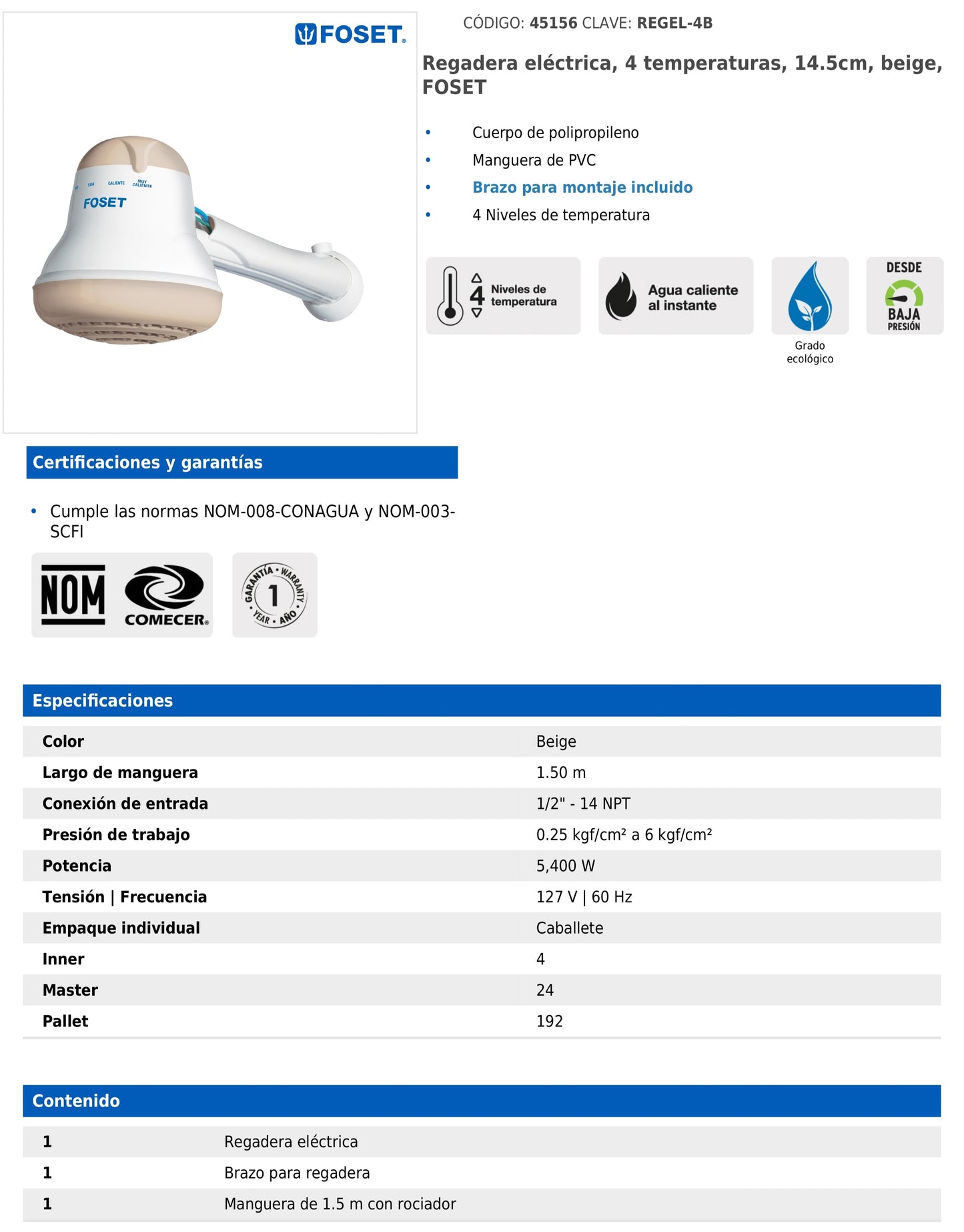 Regadera eléctrica beige de 4 temperaturas con manguera y brazo incluido