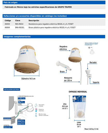 Regadera eléctrica beige de 4 temperaturas con manguera y brazo incluido