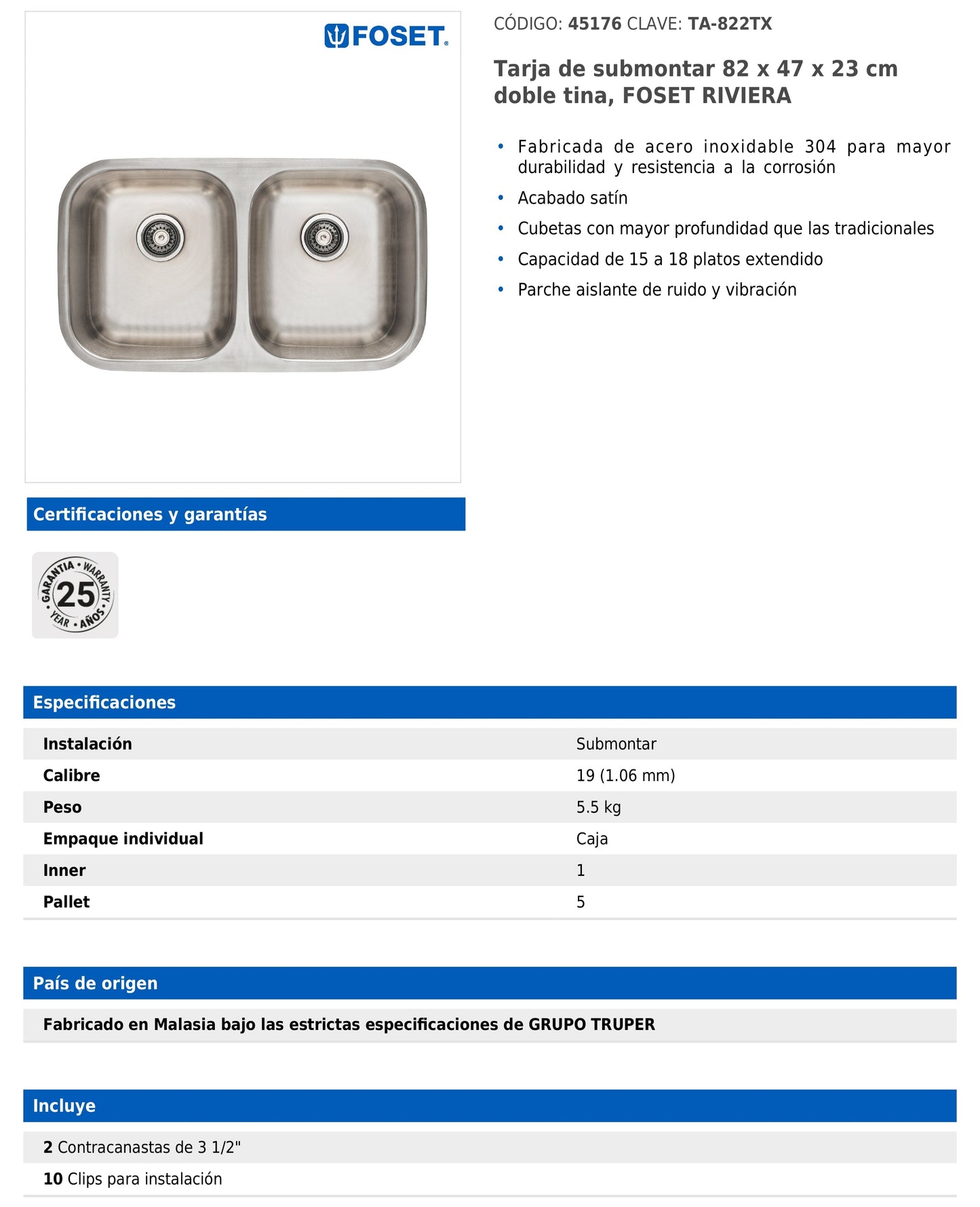 Tarja de submontar de 82x47x23 cm con doble tina y acabado satín