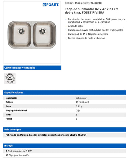Tarja de submontar de 82x47x23 cm con doble tina y acabado satín