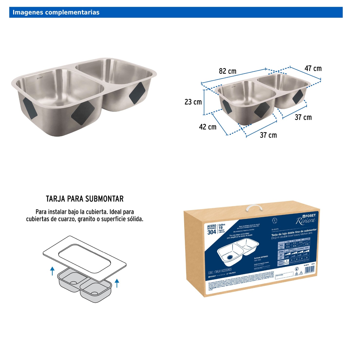 Tarja de submontar de 82x47x23 cm con doble tina y acabado satín