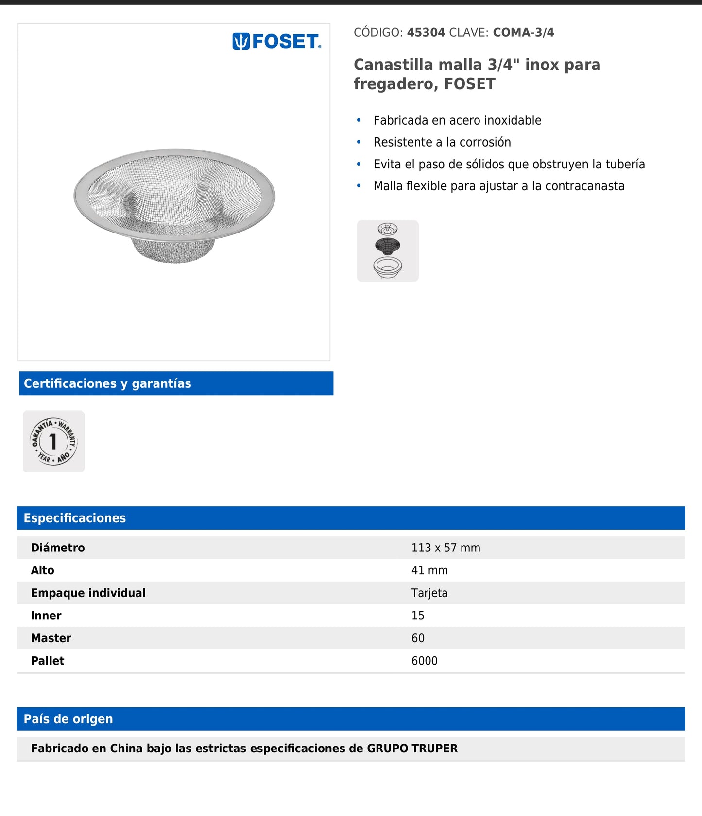 Canastilla de malla 3/4" en acero inoxidable para fregadero