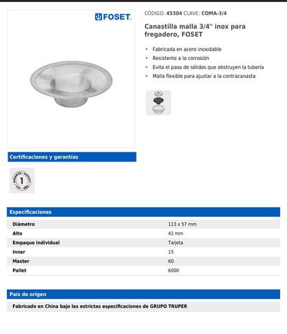 Canastilla de malla 3/4" en acero inoxidable para fregadero