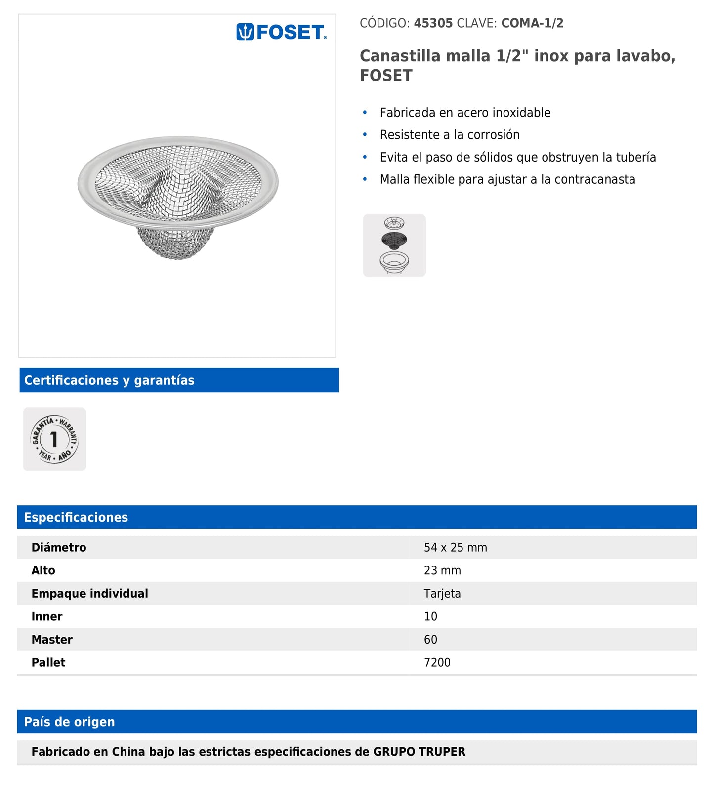 Canastilla de malla 1/2" en acero inoxidable para lavabo