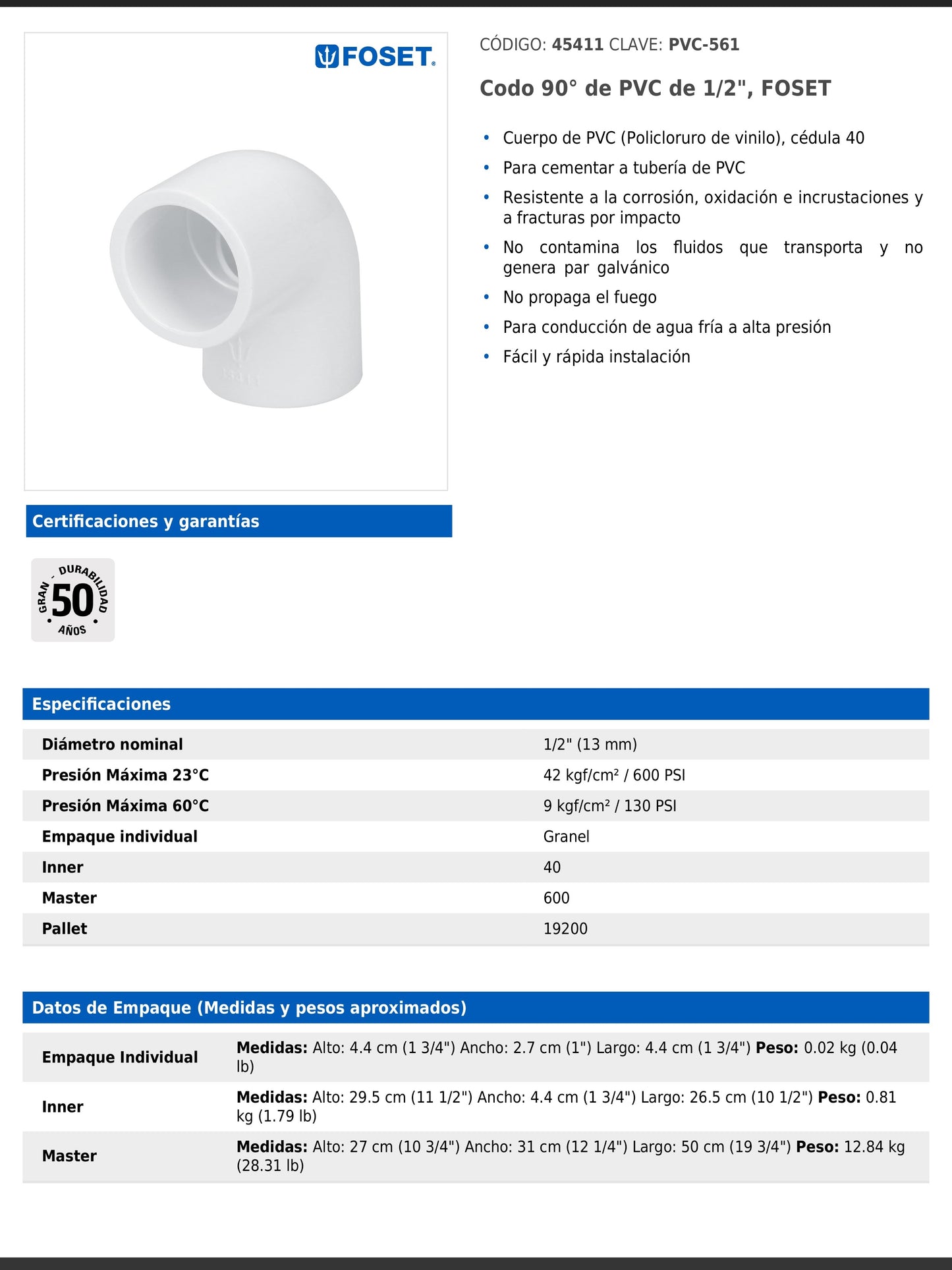 Codo de PVC de 1/2 pulgada a 90 grados
