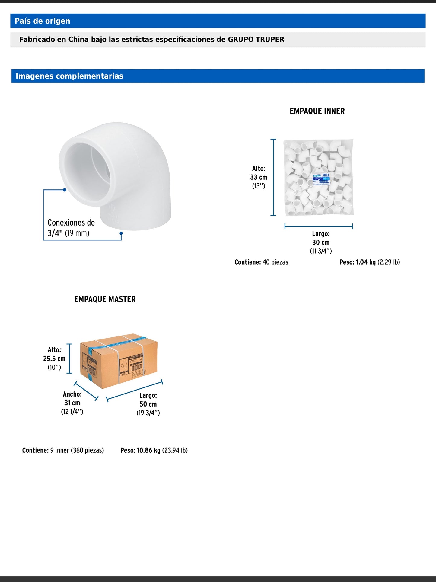 Codo de PVC de 3/4 pulgada a 90 grados