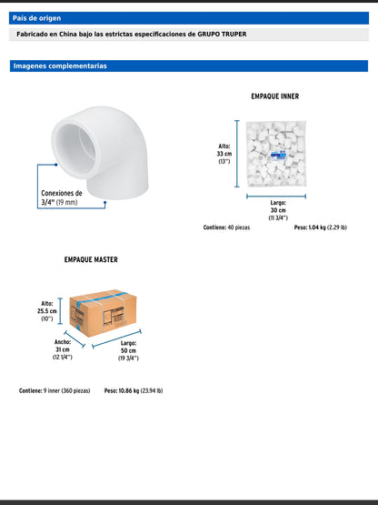 Codo de PVC de 3/4 pulgada a 90 grados