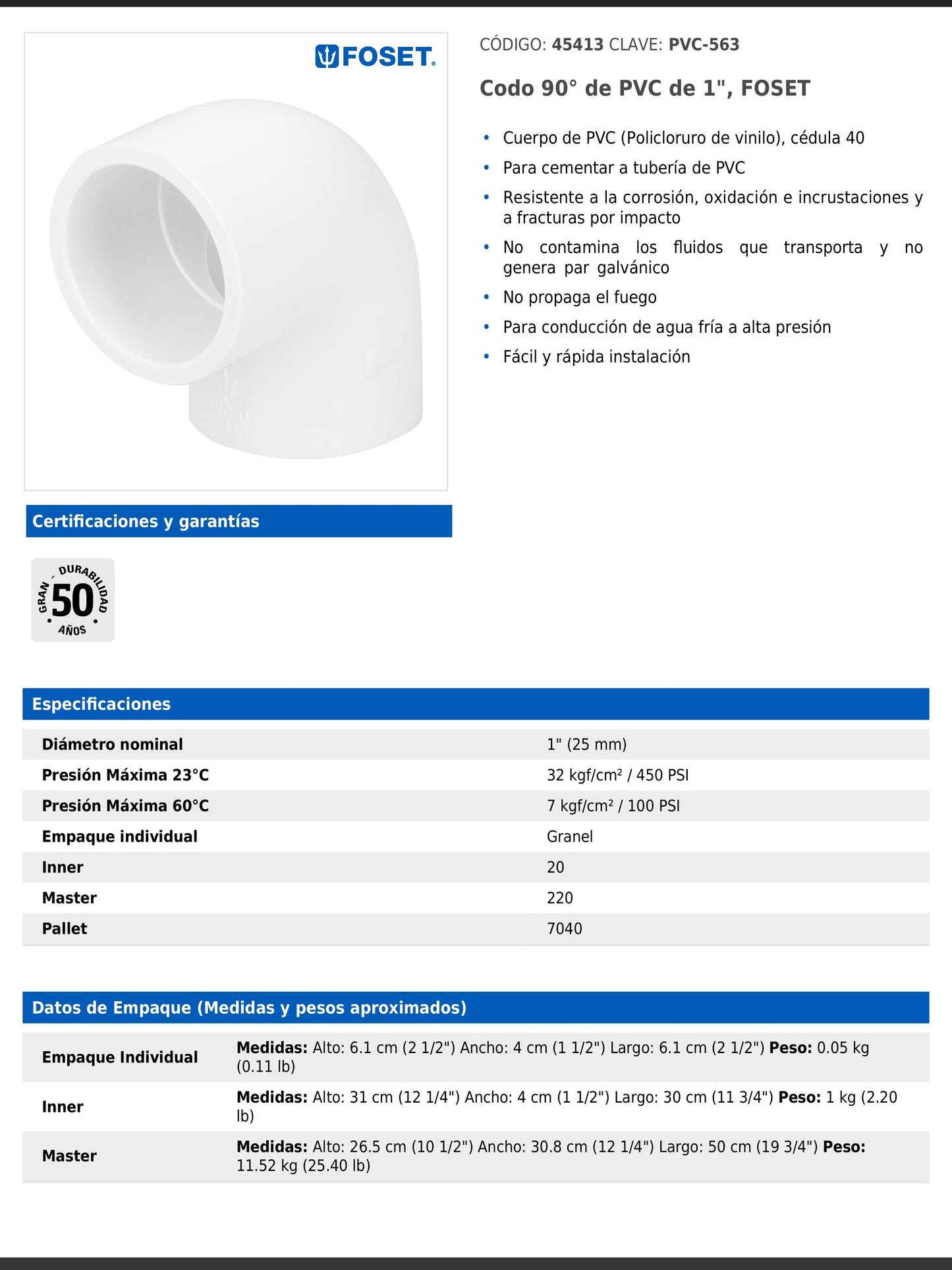 Codo de PVC de 1 pulgada a 90 grados