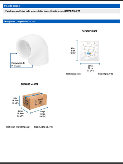Codo de PVC de 1 pulgada a 90 grados