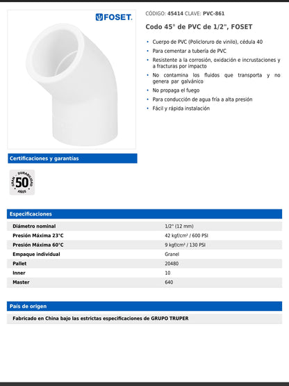 Codo de PVC de 1/2 pulgada a 45 grados