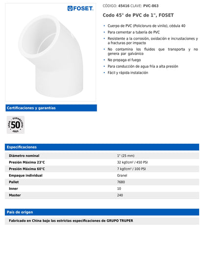 Codo de PVC de 1 pulgada a 45 grados