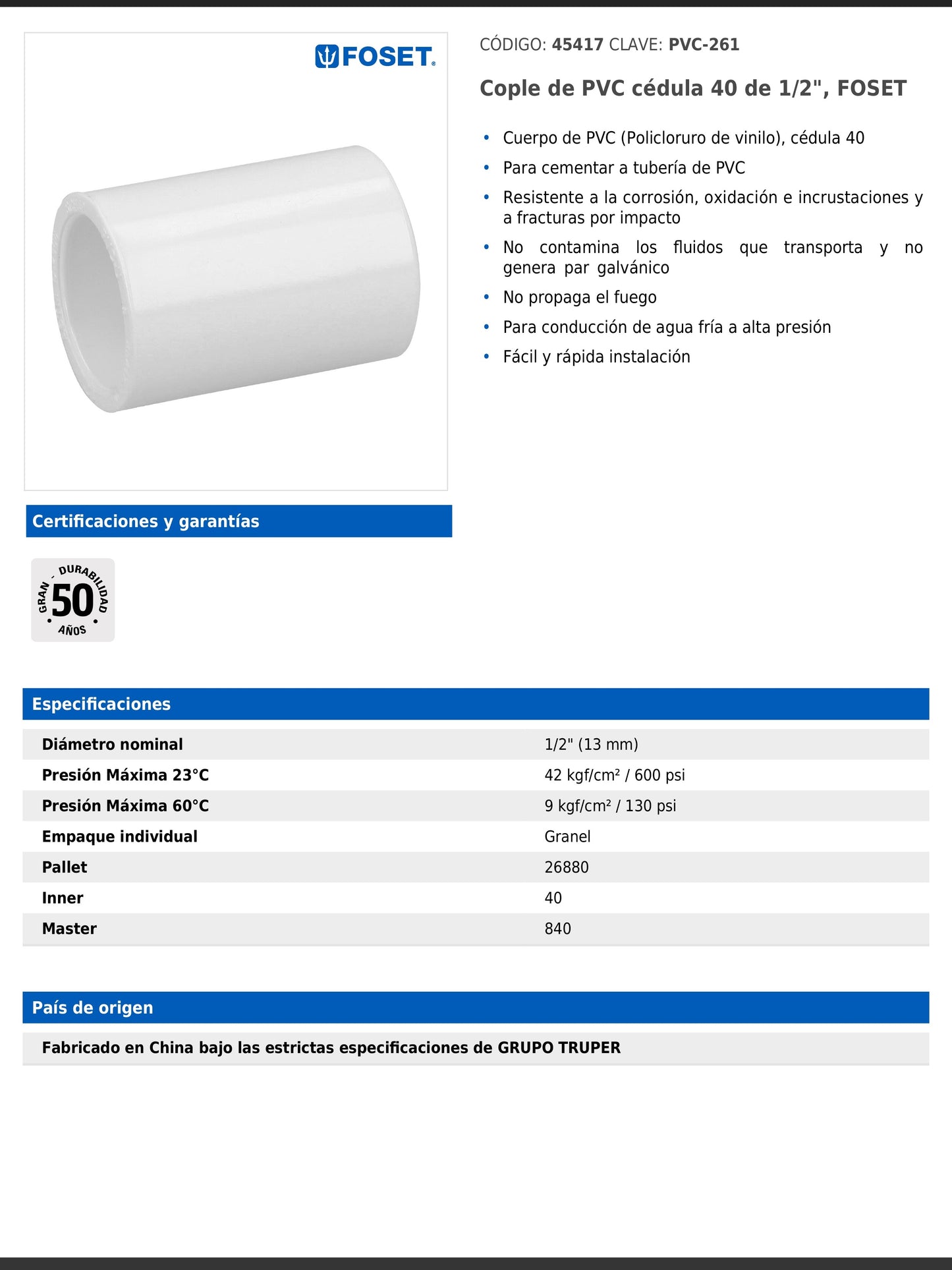 Cople de PVC cédula 40 de 1/2 pulgada para tubería