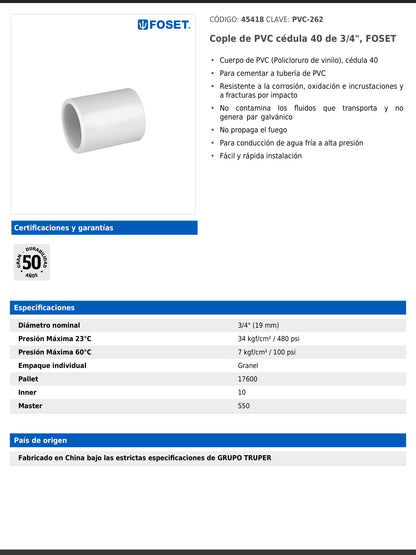 Cople de PVC cédula 40 de 3/4 pulgada para tubería