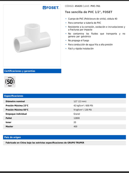 Tee sencilla de PVC cédula 40 de 1/2 pulgada para tubería