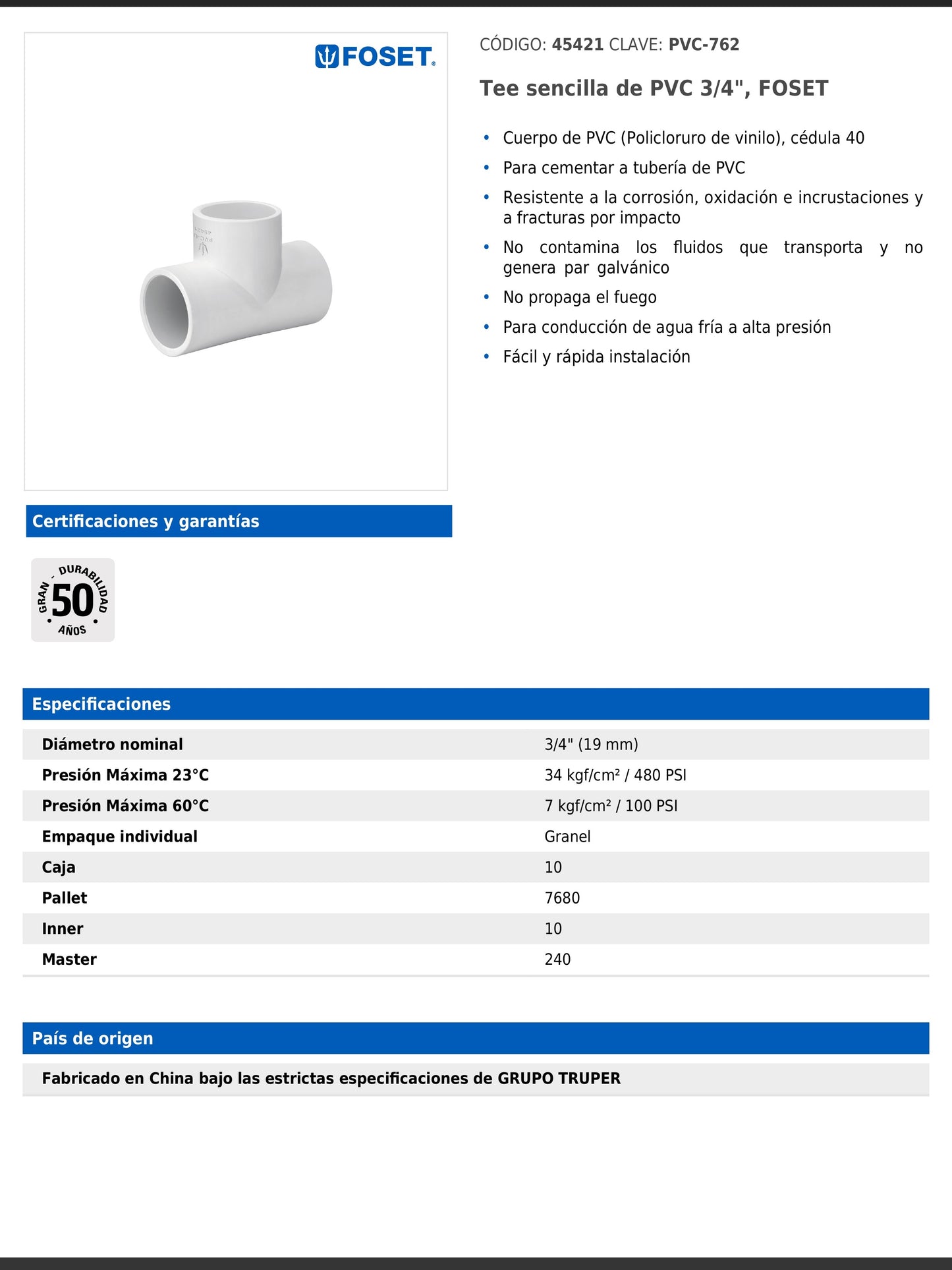 Tee sencilla de PVC cédula 40 de 3/4 pulgada para tubería