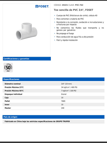 Tee sencilla de PVC cédula 40 de 3/4 pulgada para tubería