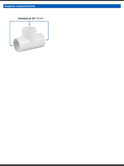 Tee sencilla de PVC cédula 40 de 3/4 pulgada para tubería