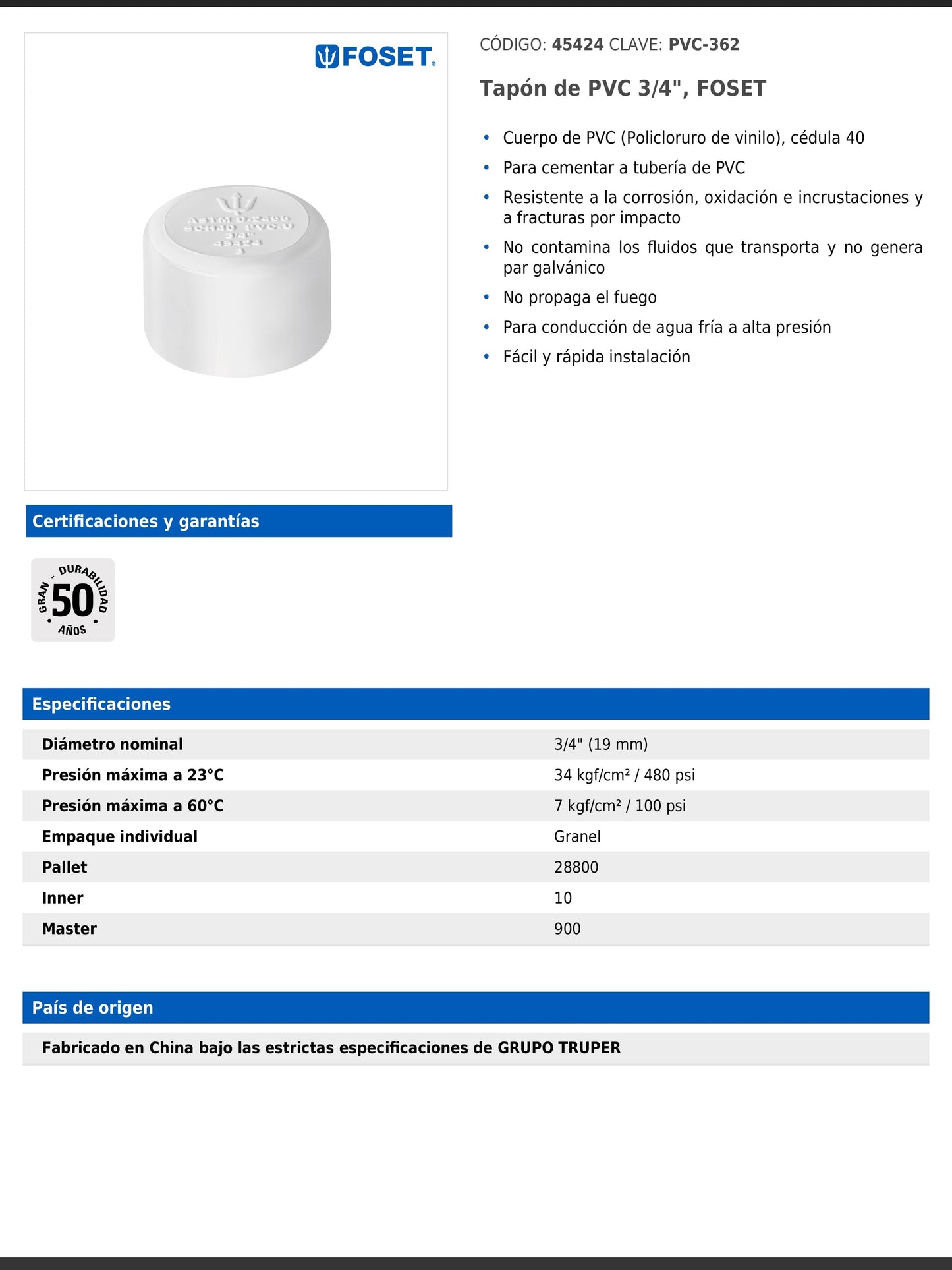 Tapón de PVC cédula 40 de 3/4 pulgada para tubería