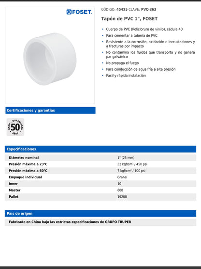 Tapón de PVC cédula 40 de 1 pulgada para tubería