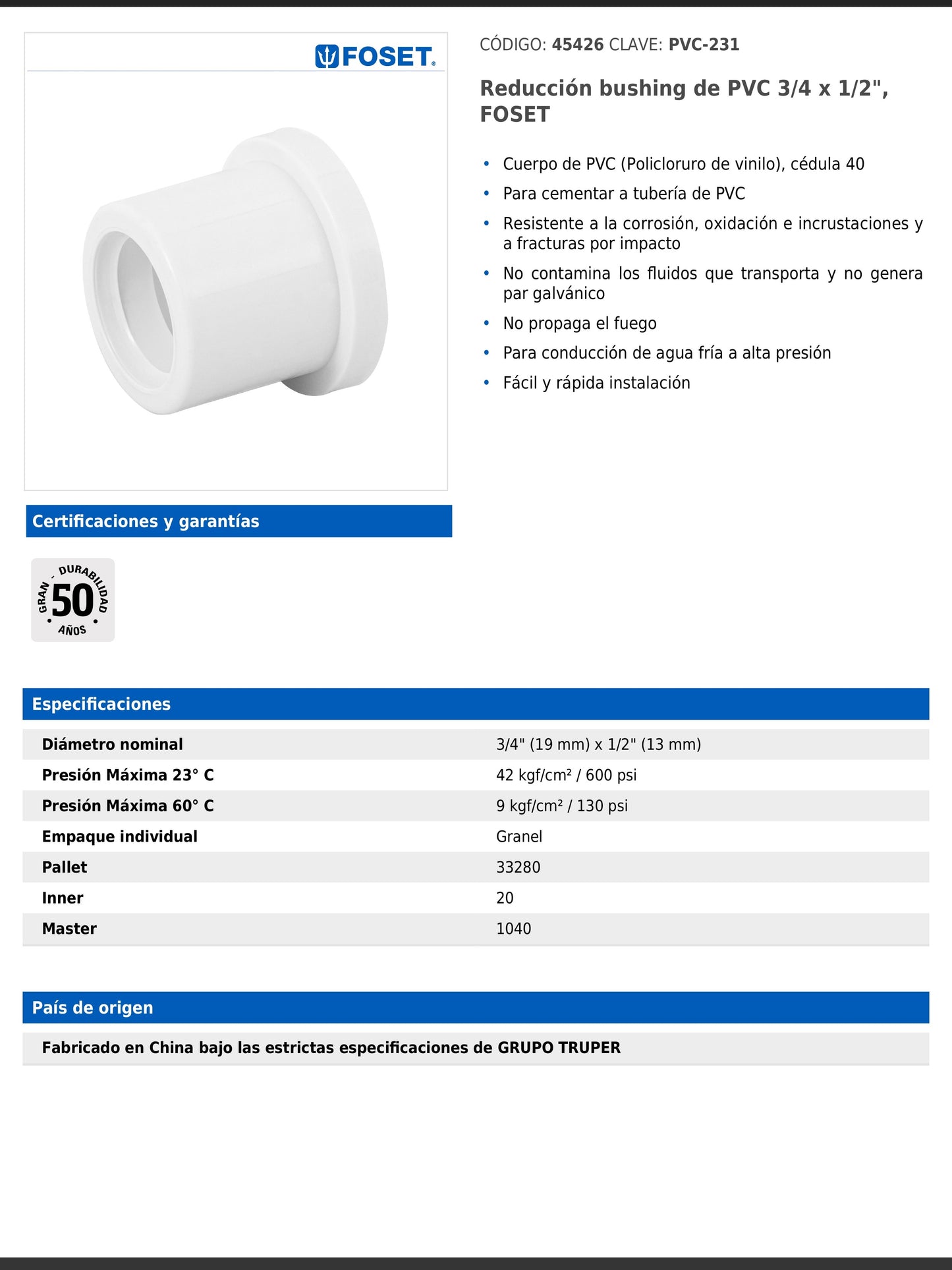 Reducción bushing de PVC cédula 40 de 3/4 a 1/2 pulgada para tubería