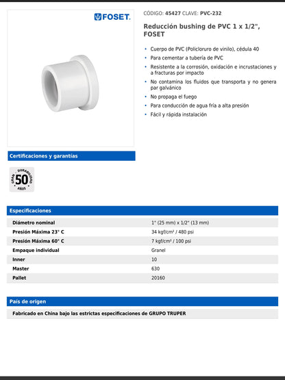 Reducción bushing de PVC cédula 40 de 1 a 1/2 pulgada para tubería