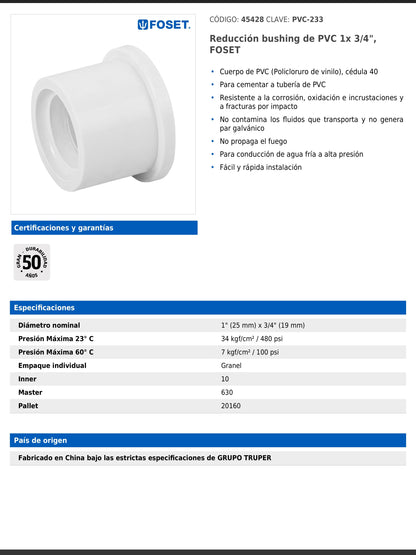 Reducción bushing de PVC cédula 40 de 1 a 3/4 pulgadas para tubería