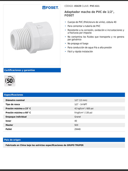 Adaptador macho de PVC cédula 40 de 1/2 pulgada con rosca NPT