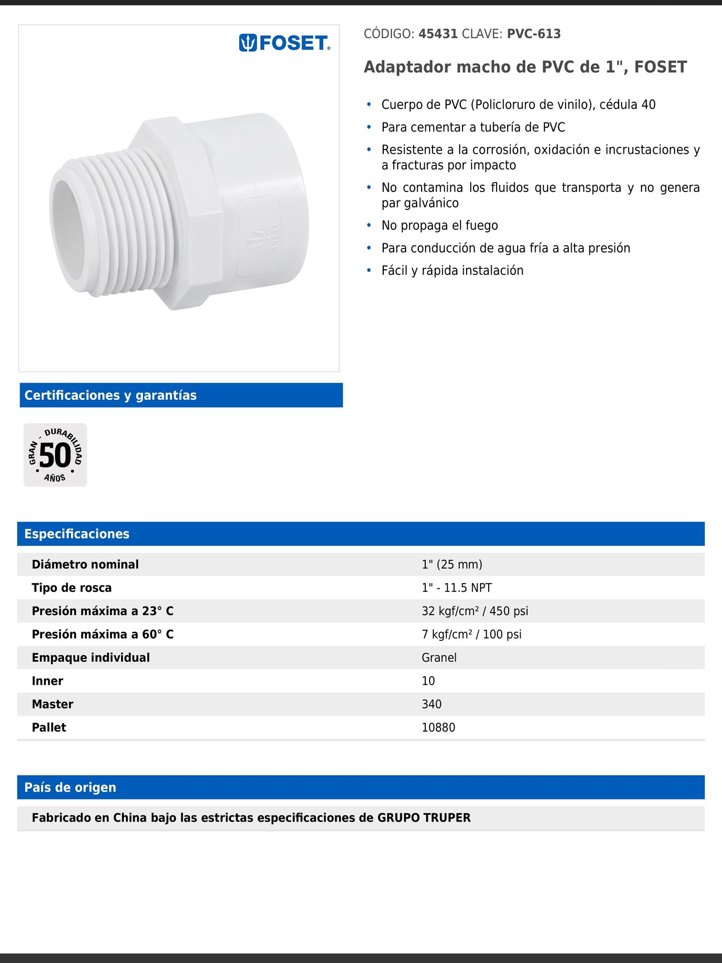 Adaptador macho de PVC cédula 40 de 1 pulgada con rosca NPT
